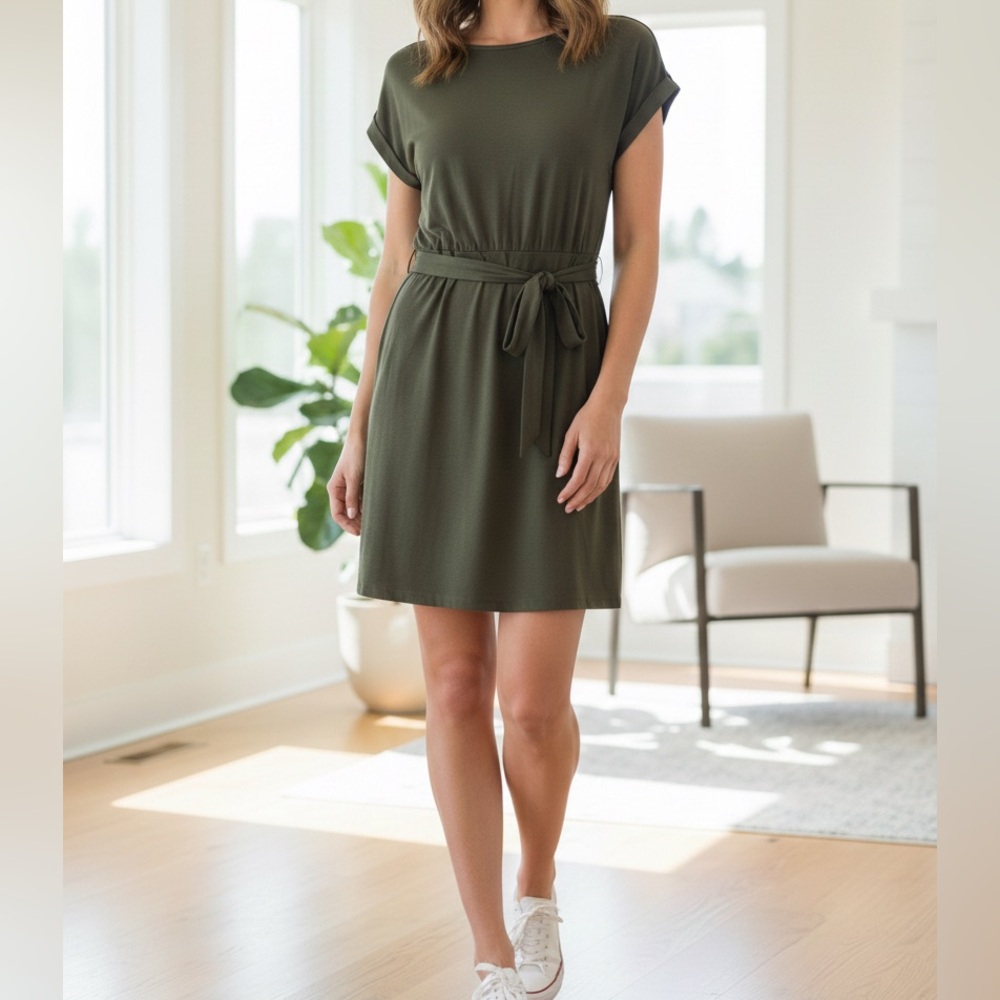 Short Sleeve Jersey Shift Dress with Sash